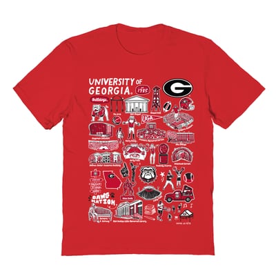 Georgia Bulldogs Vive La Fete Women's Front Graphic Impressions Artwork Relaxed Fit T-Shirt - Red